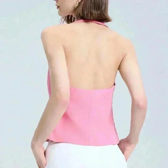 Pink Casual Women's Solid Color Summer Halter Neck Backless Tank Top - Picture 2 of 6
